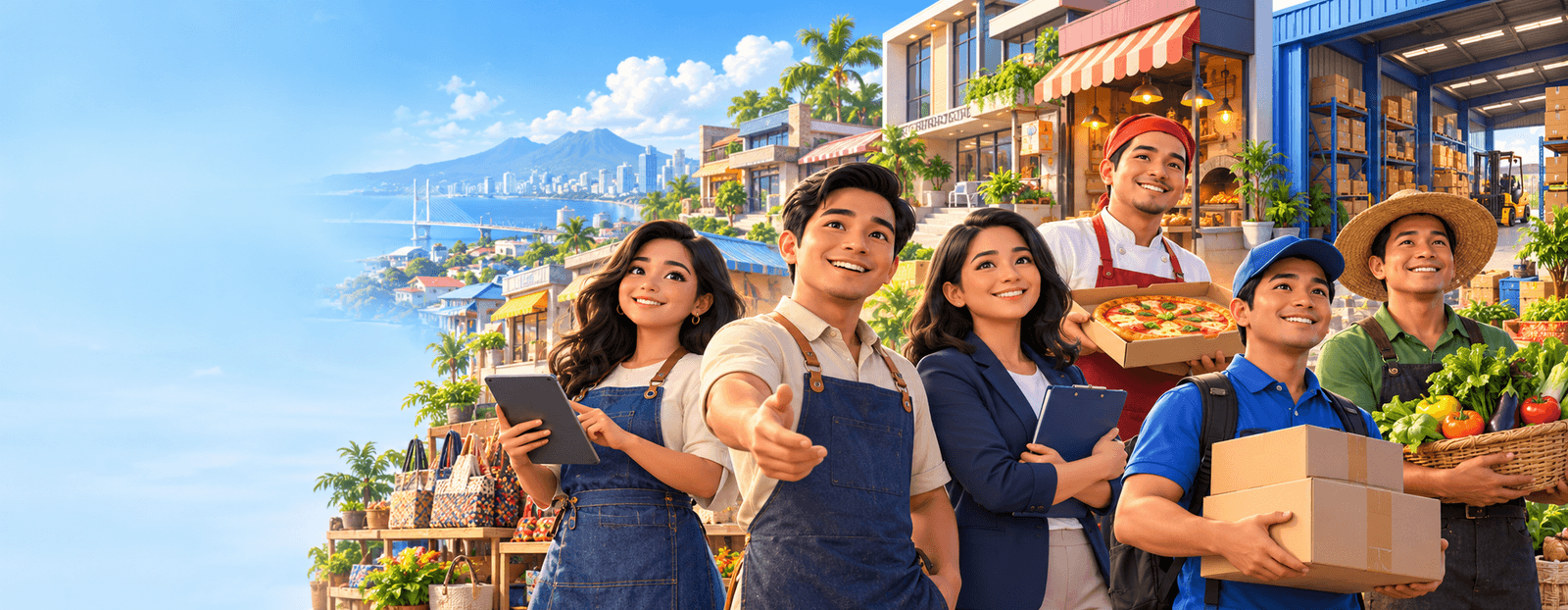 Filipino entrepreneurs representing retail, food, delivery, professional services and agriculture