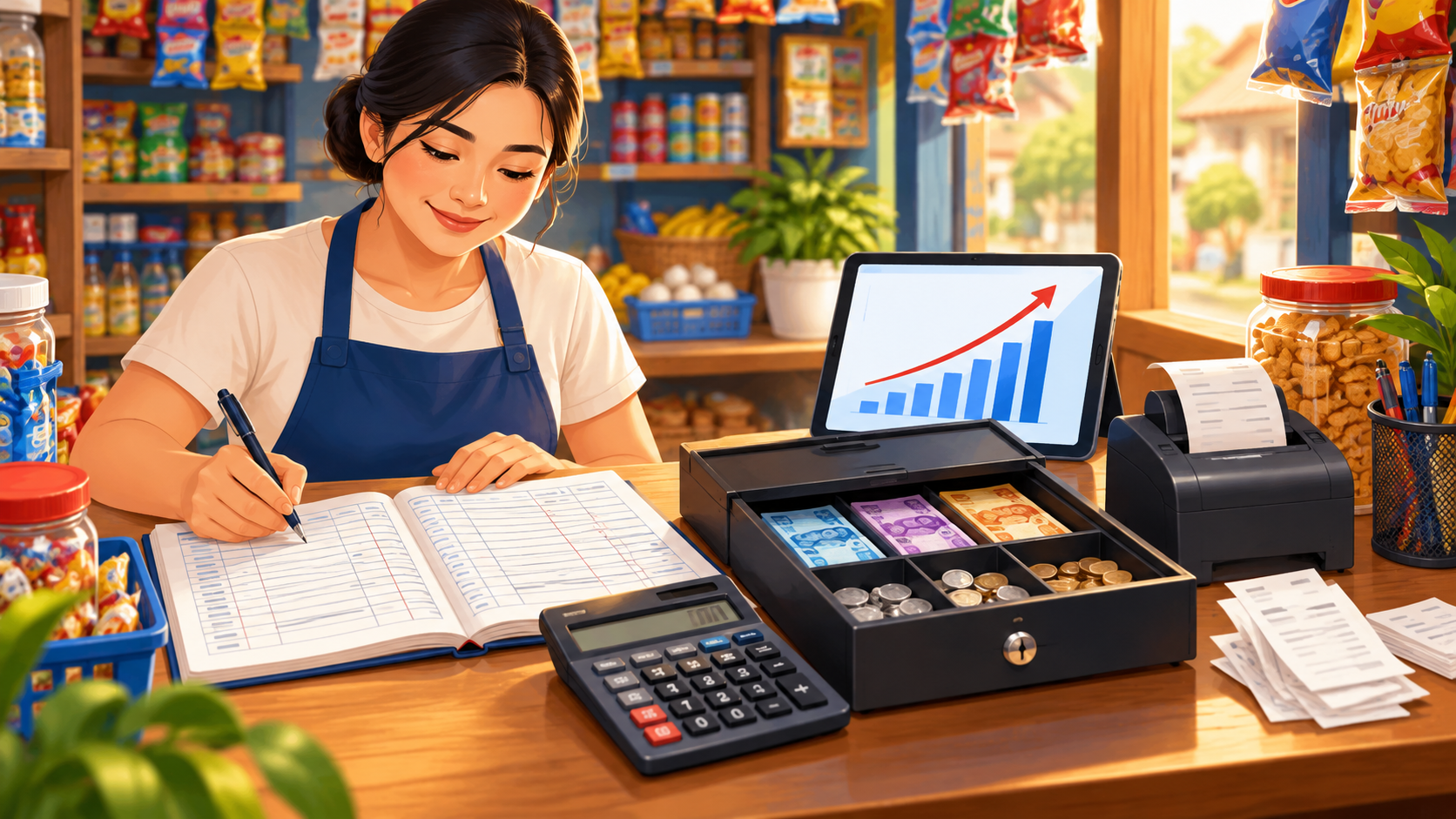 Sari-sari store cash-flow ledger with cash drawer and calculator