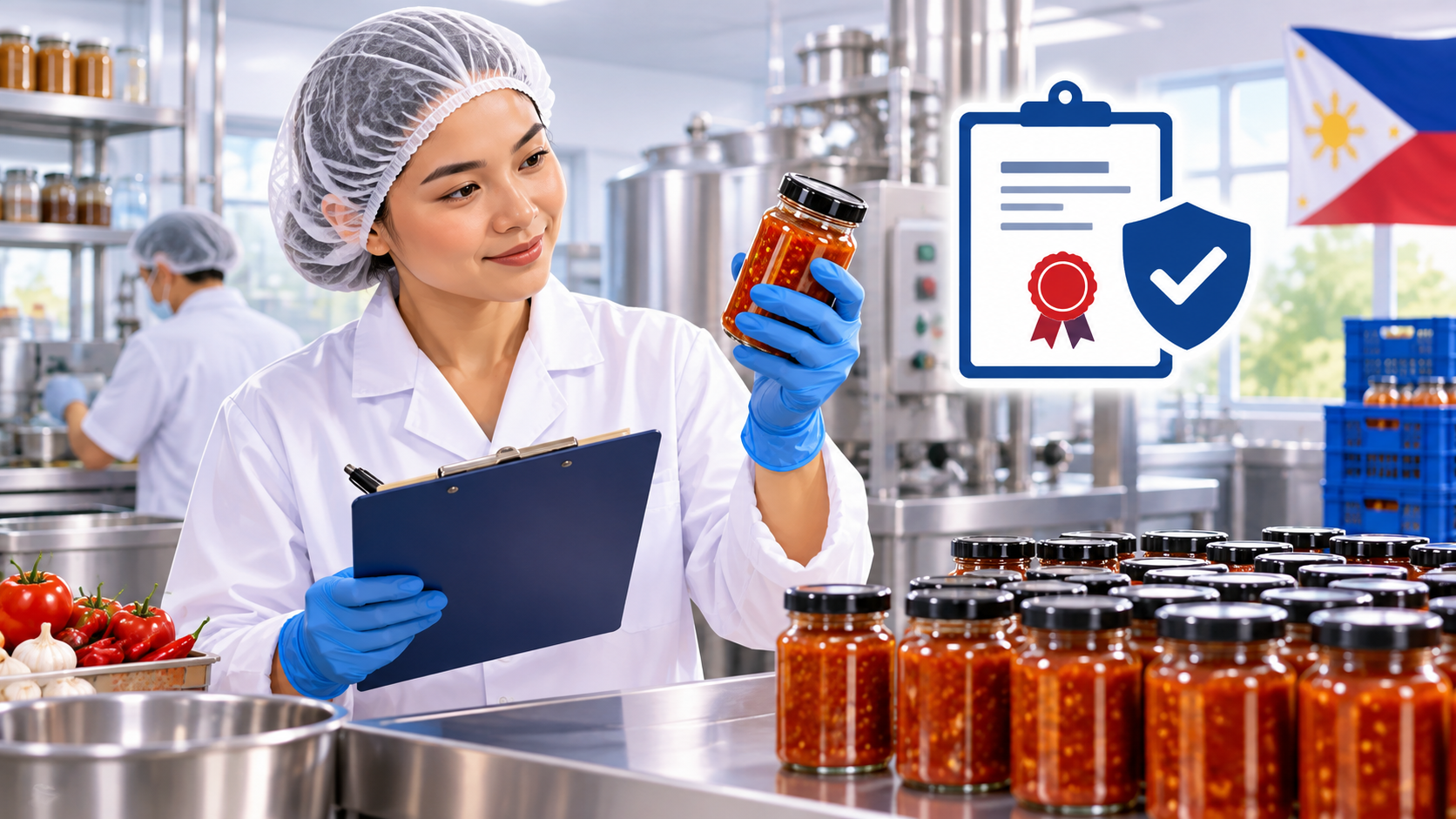 Food production worker inspecting bottled products for compliance