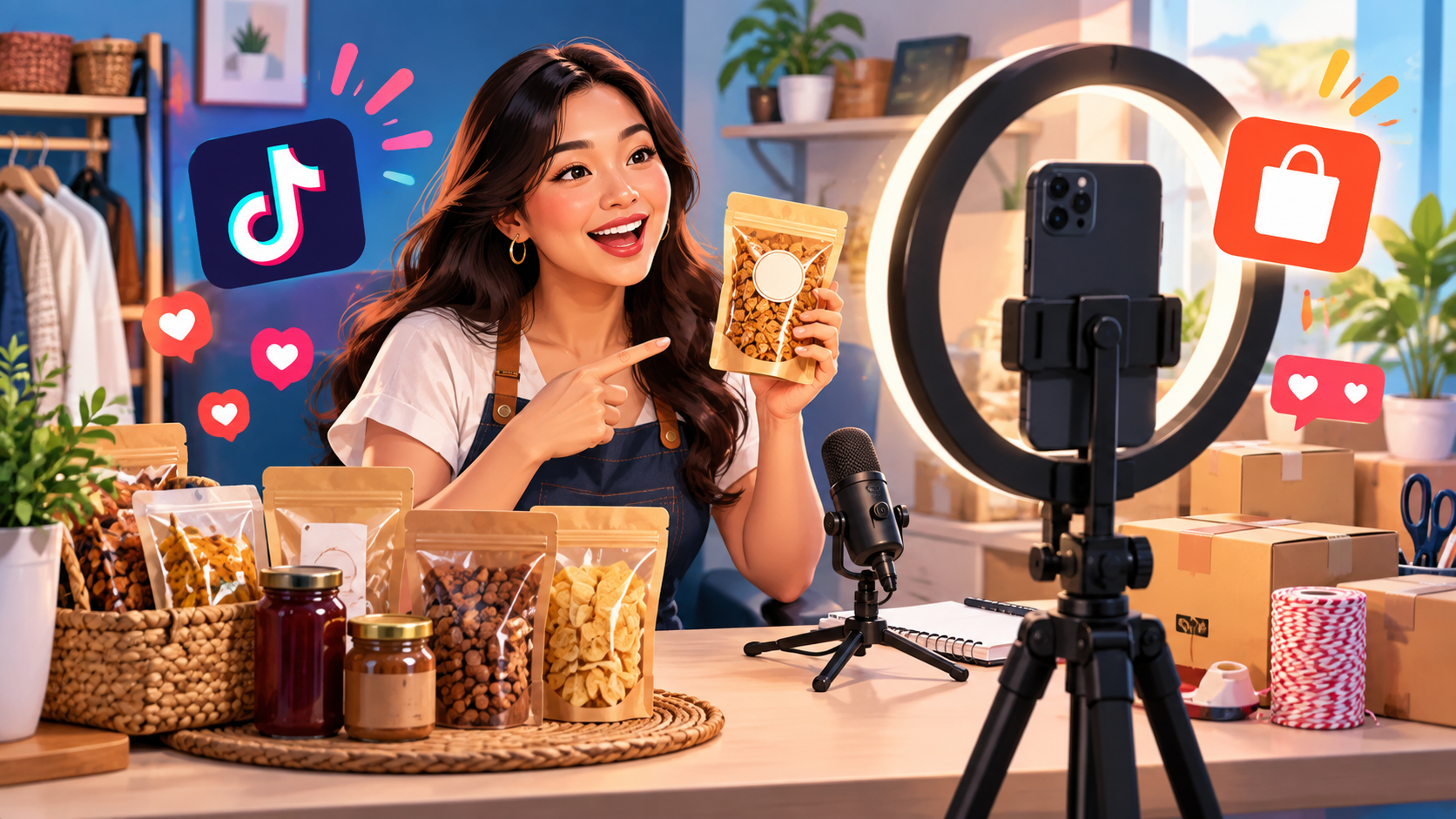 Filipino entrepreneur livestreaming products with a phone and ring light