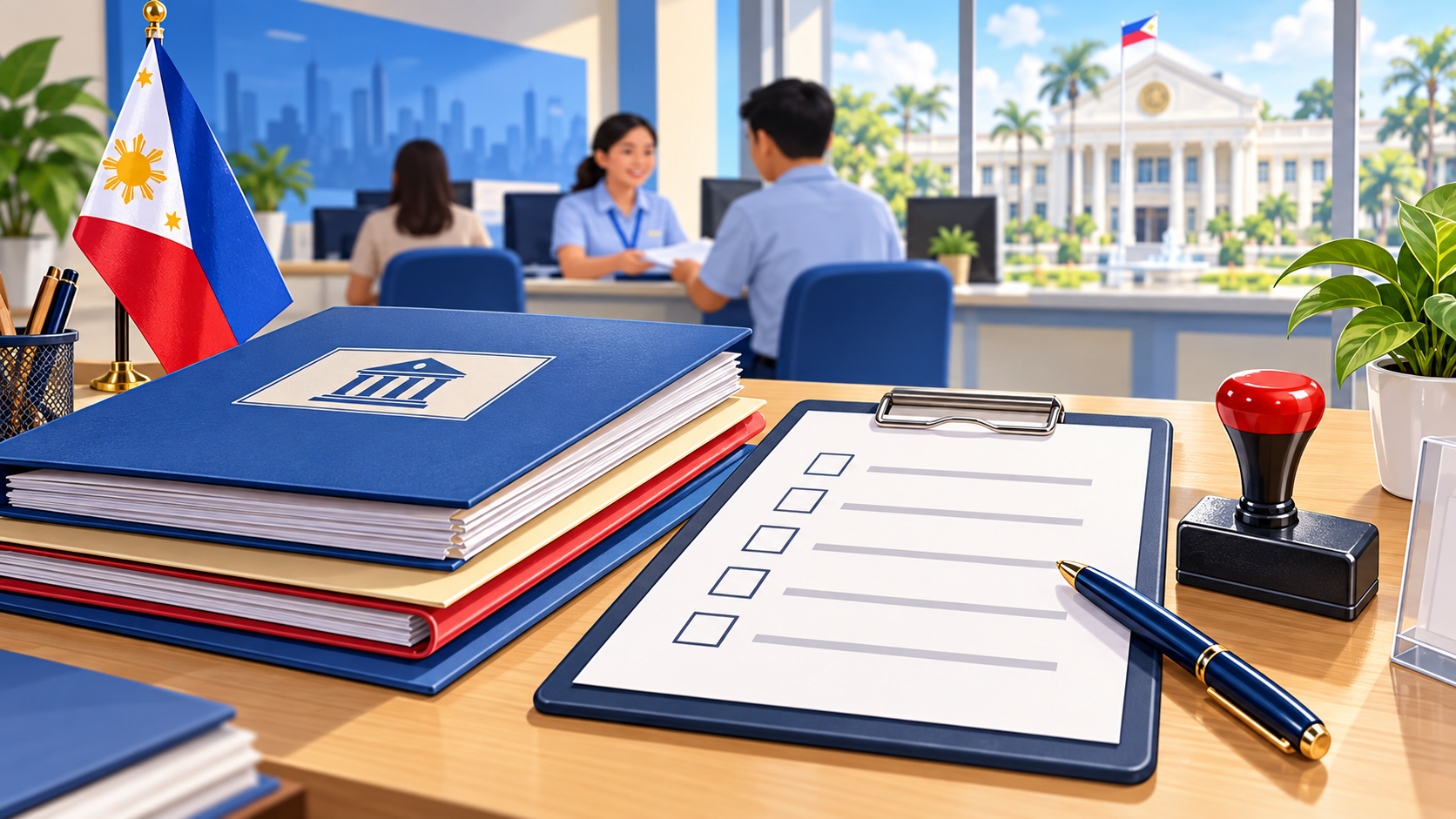 Business permits checklist with documents, stamp, and Philippine city hall